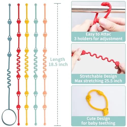 Yunaeduo Silicone Toy Straps for Baby, Toy Safety Straps for Stroller High Chair - BPA Free (Red Yellow Orange) | Adjustable Design thumbnail 2