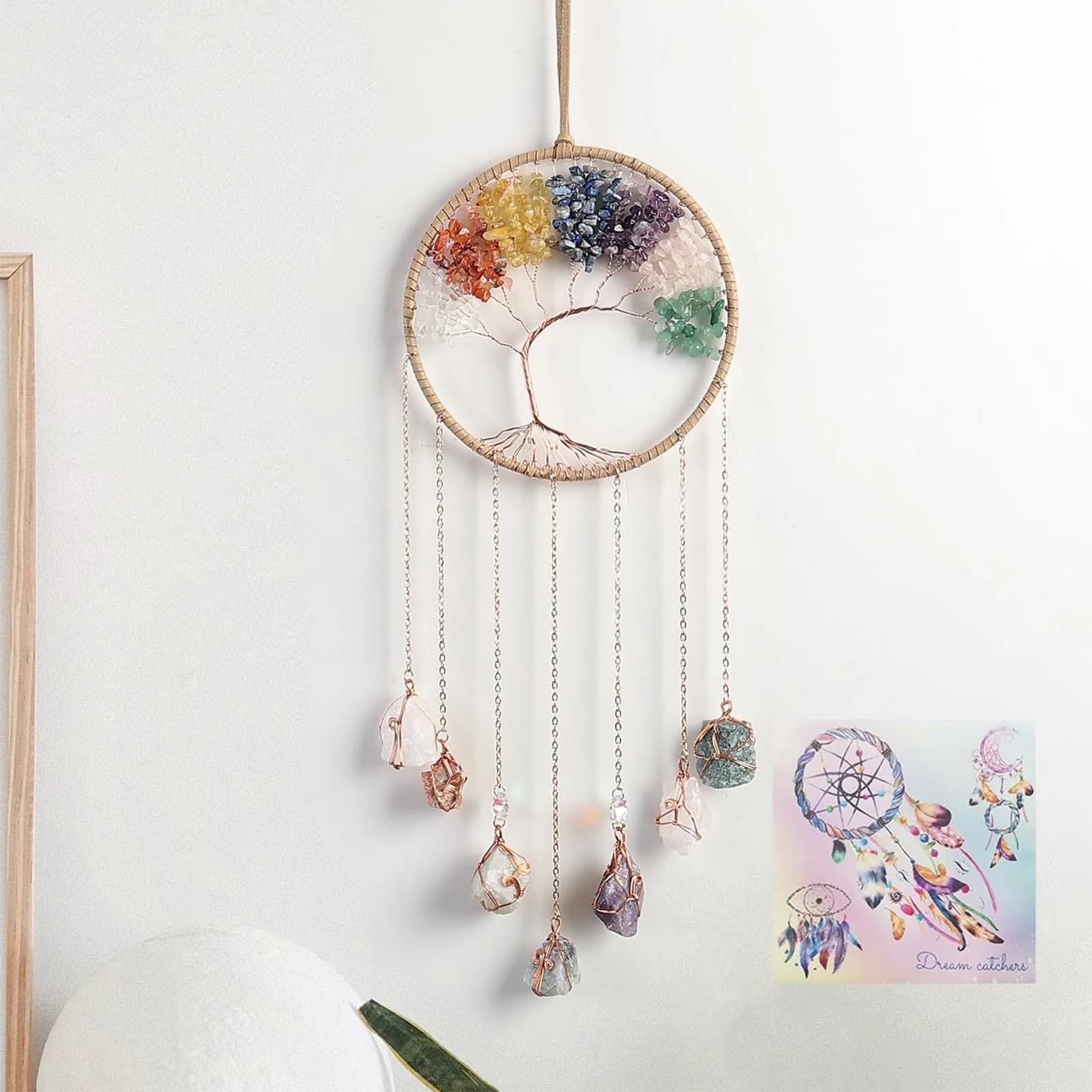 Dreamsum Moon Dream Catcher Tree of Life with Agate Stone Wall Hanging Decor | Handmade Boho Wall Art — Gold
