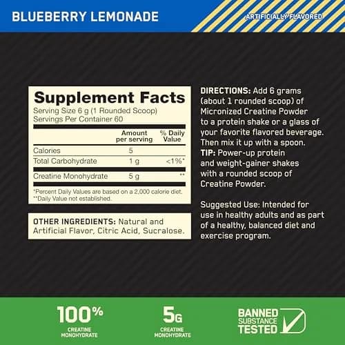 Optimum Nutrition Micronized Creatine Monohydrate Powder Blueberry Lemonade 12 Oz (340 g) | Supports Muscle Strength & Power thumbnail 3