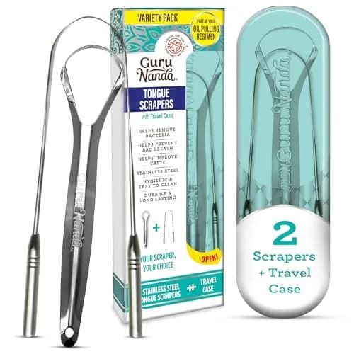 GuruNanda Stainless Steel Tongue & U-Shaped Scraper Pack (2 Pack) with Travel Case | Promotes Fresh Breath & Oral Hygiene thumbnail 1