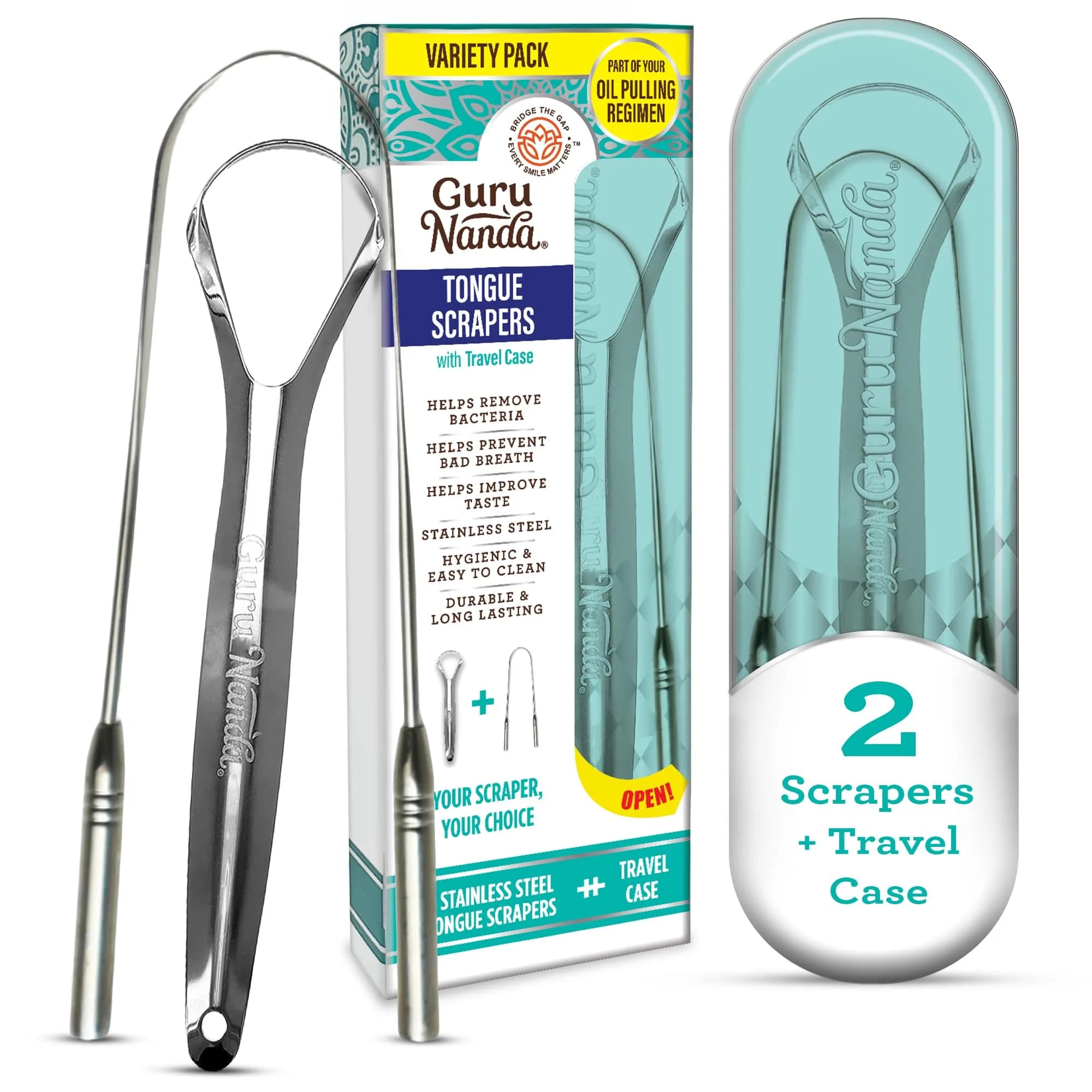 GuruNanda Stainless Steel Tongue & U-Shaped Scraper Pack (2 Pack) with Travel Case | Promotes Fresh Breath & Oral Hygiene — Variety Shaped