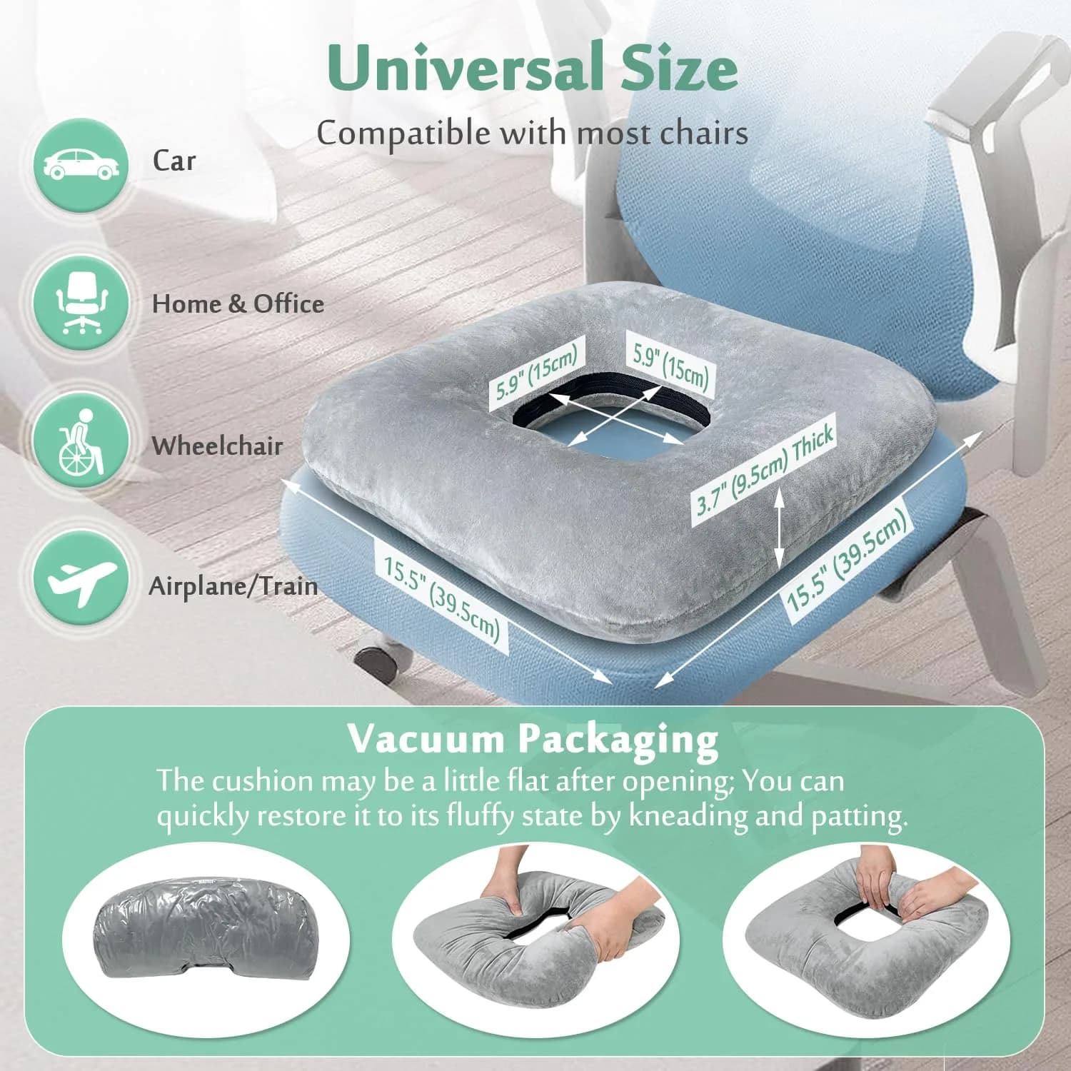 AOSSA Donut Seat Cushion for Tailbone Pain & Hemorrhoids | 40cm x 40cm (15.7" x 15.7") - view 6