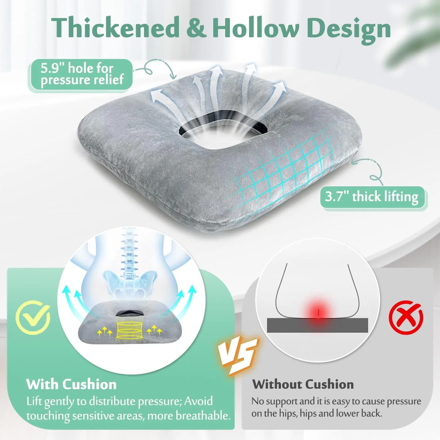 AOSSA Donut Seat Cushion for Tailbone Pain & Hemorrhoids | 40cm x 40cm (15.7" x 15.7") - view 2