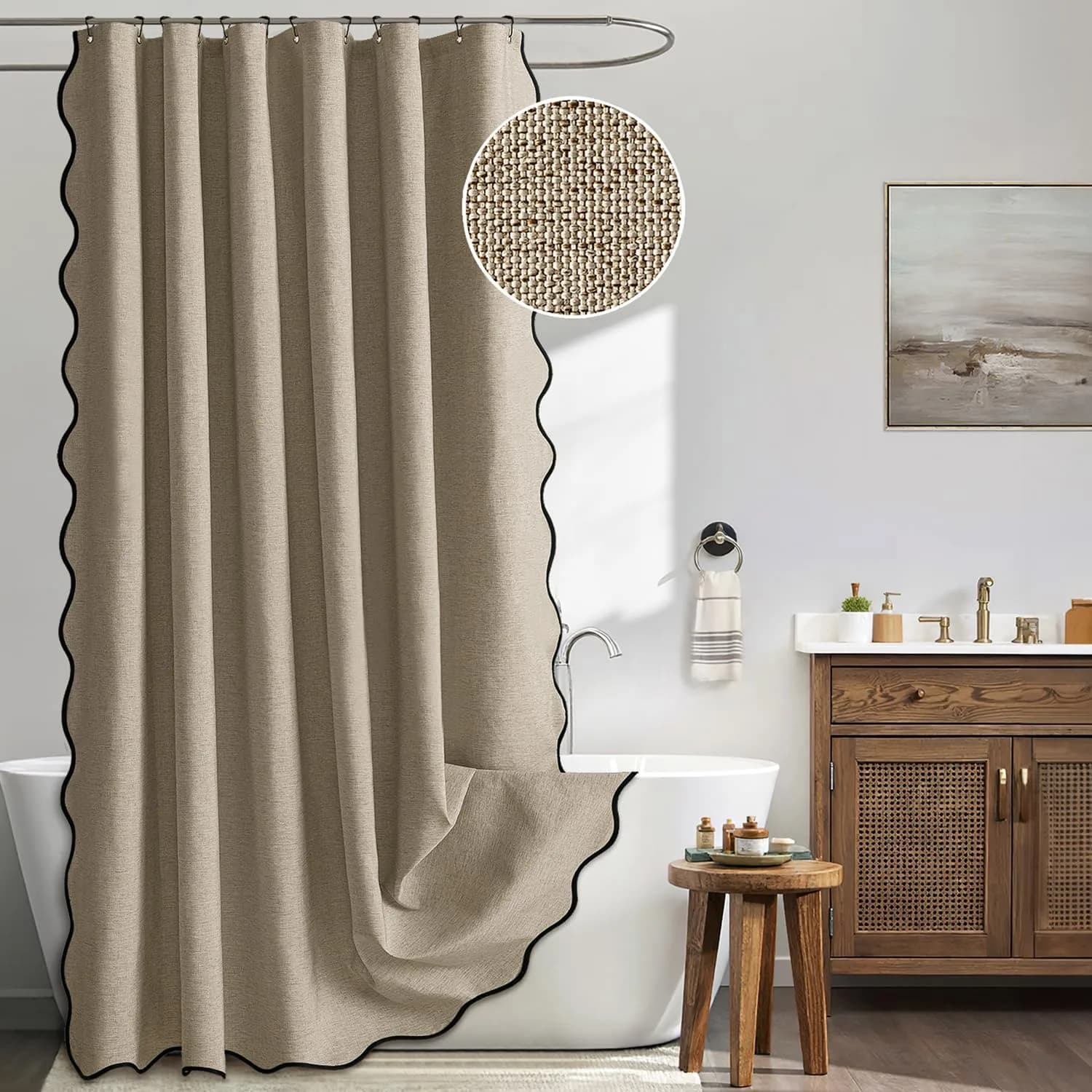 MIULEE 72"x84" Extra Long Scalloped Linen Shower Curtain Khaki | Waterproof & Elegant Bathroom Decor