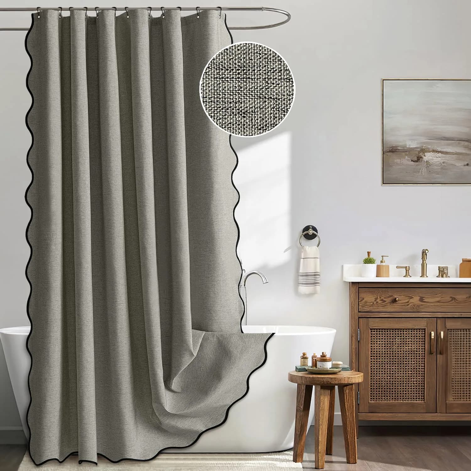 MIULEE 72"x84" Extra Long Scalloped Linen Shower Curtain Grey | Waterproof, Elegant Bathroom Decor