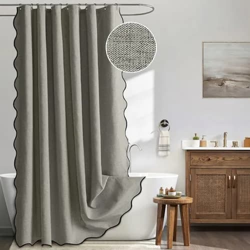 MIULEE 72"x84" Extra Long Scalloped Linen Shower Curtain Grey | Waterproof, Elegant Bathroom Decor thumbnail 1