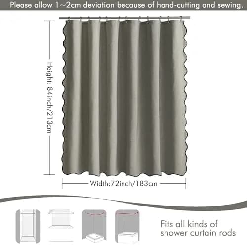 MIULEE 72"x84" Extra Long Scalloped Linen Shower Curtain Grey | Waterproof, Elegant Bathroom Decor thumbnail 6