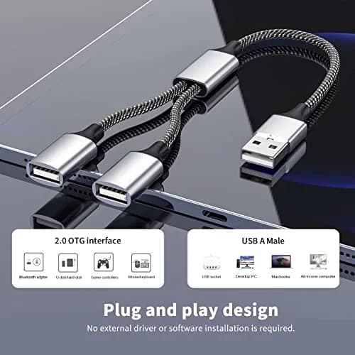 Fidioto 2-Pack USB-A Y Splitter Cable, 1 Male to 2 Female, 10-inch (25cm) - For Data & Charging thumbnail 4