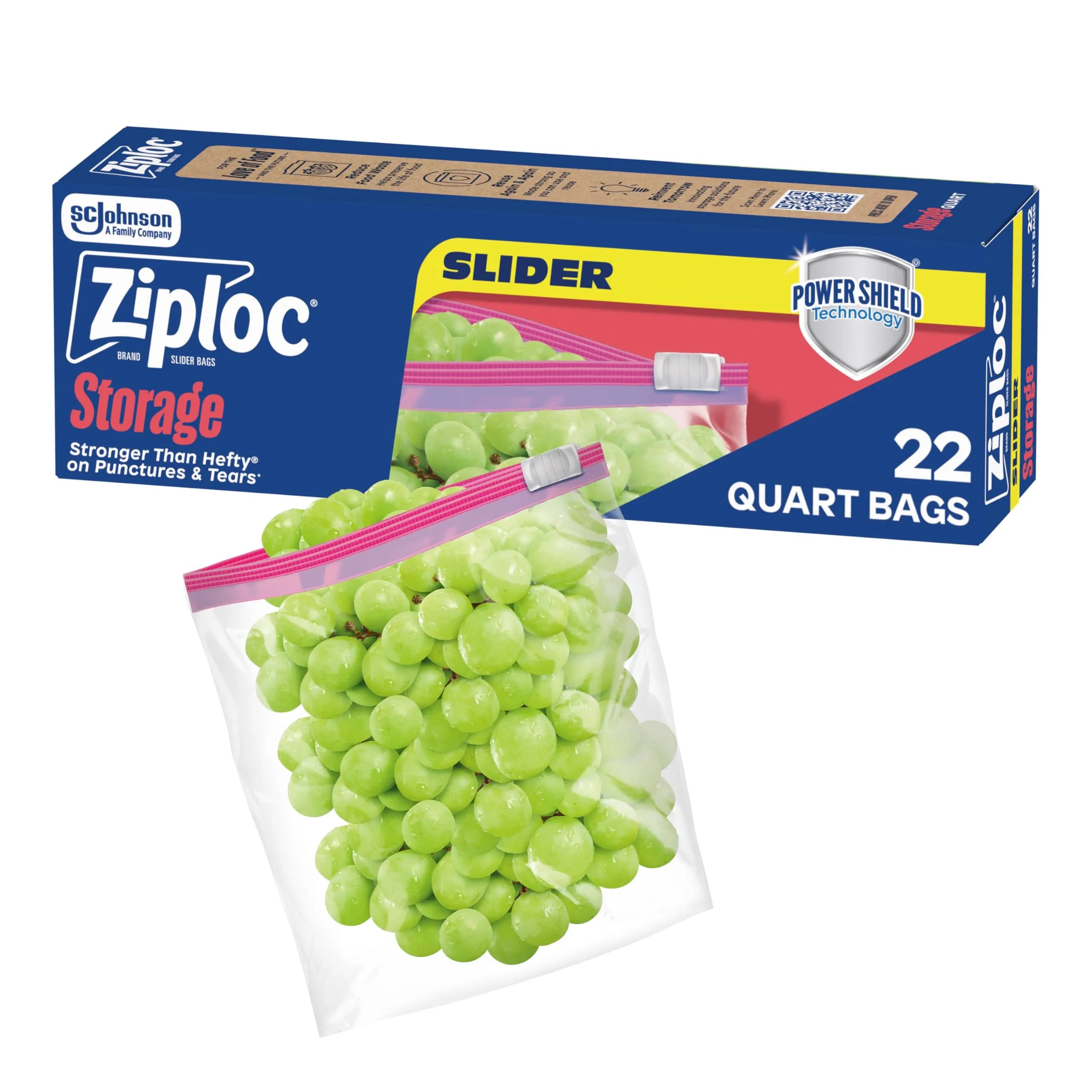Ziploc Quart Food Storage Slider Bags, 1 Quart (946 ml), 22 Count | Power Shield Technology — Green