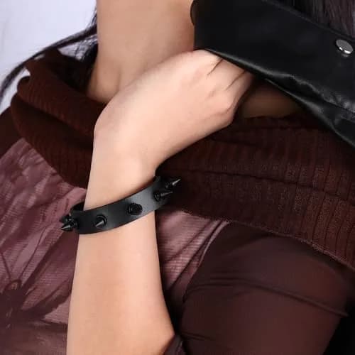 Mafnee Punk Goth Bracelet for Men & Women Leather Spike Rivet Metal Studded Wristband Black | Adjustable, Durable & Fashion-Forward thumbnail 3