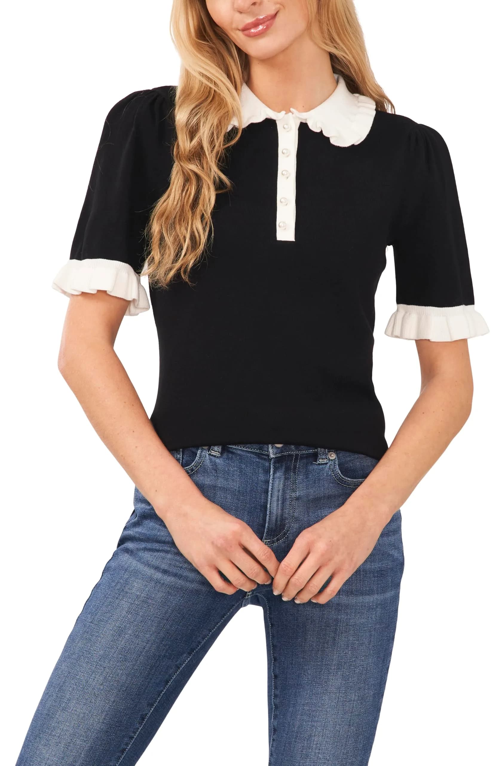 CeCe Short Sleeve Contrast Collar Polo Sweater Large Rich Black | Contemporary Fit - main product image
