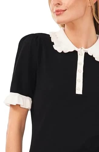 CeCe Short Sleeve Contrast Collar Polo Sweater Large Rich Black | Contemporary Fit thumbnail 2
