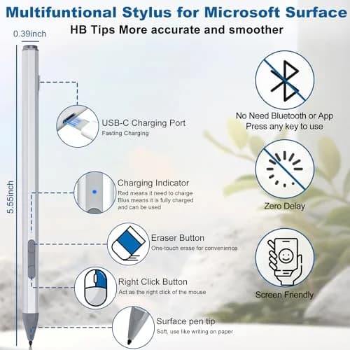 Arsandyn Surface Stylus Pen for Pro/Go Devices, Compatible with Windows 11/10/8/7/6/5/4/3, 4096 Pressure Sensitivity | Aluminum thumbnail 2