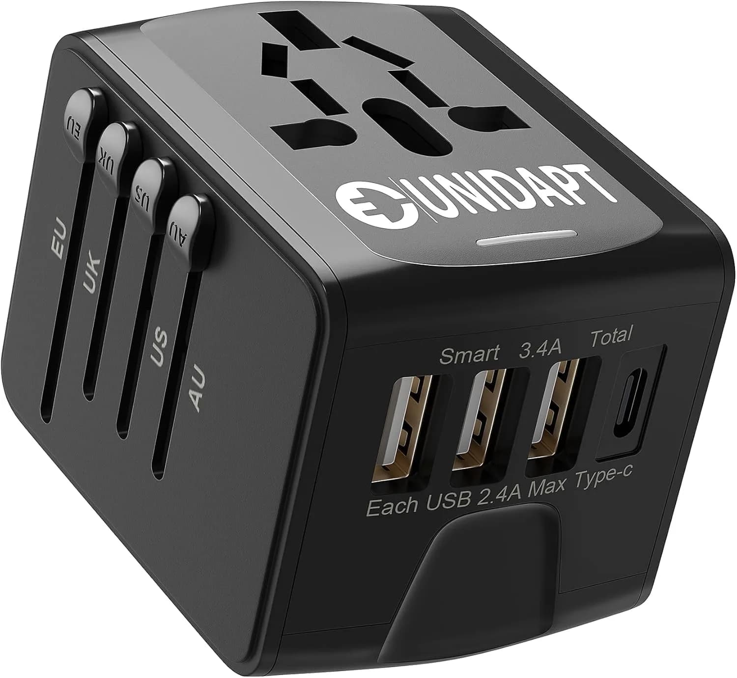Unidapt Power Converter | Universal Travel Adapter with 3 USB-A & Type-C, 160+ Countries, Black — Black with USB-C