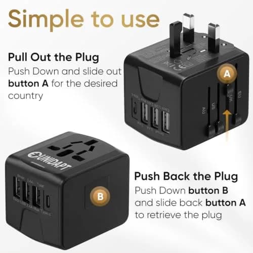 Unidapt Power Converter | Universal Travel Adapter with 3 USB-A & Type-C, 160+ Countries, Black thumbnail 4