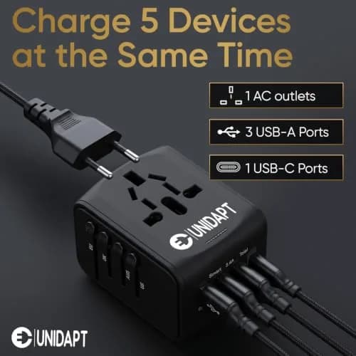 Unidapt Power Converter | Universal Travel Adapter with 3 USB-A & Type-C, 160+ Countries, Black thumbnail 2