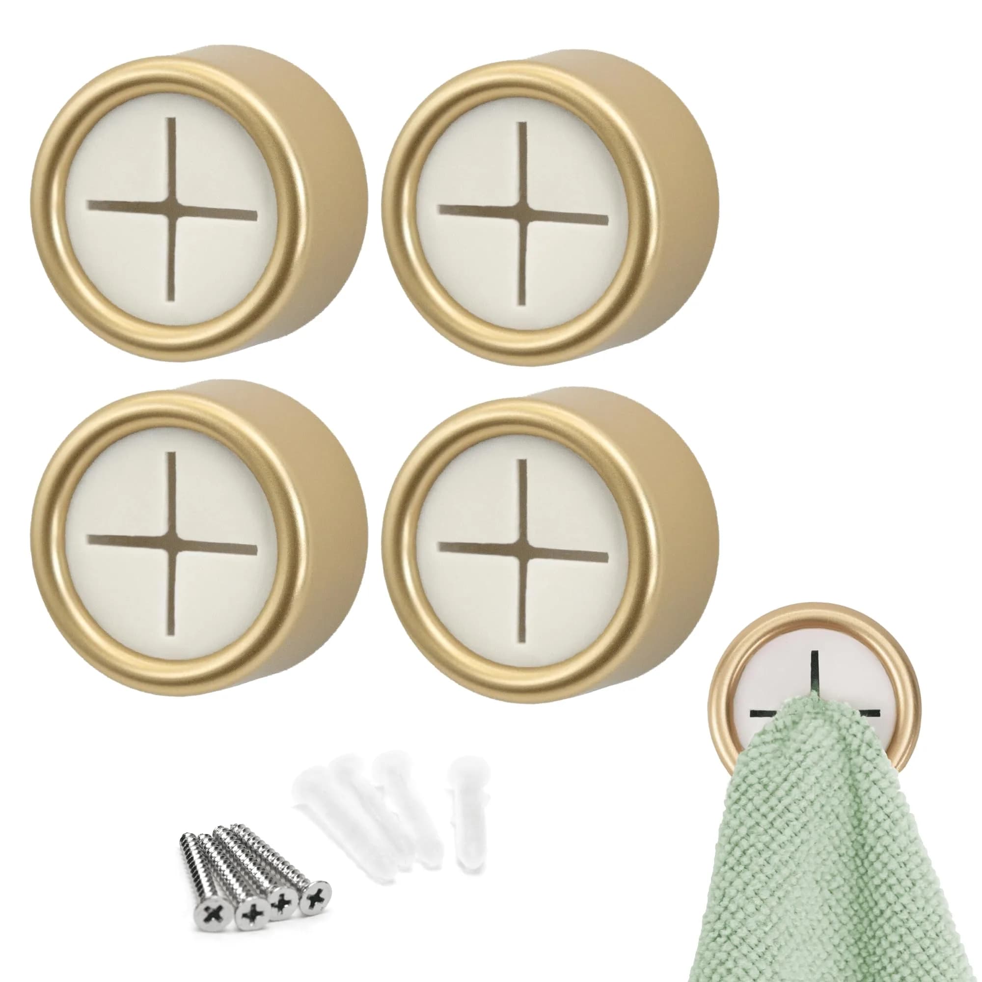 S&T INC. Adhesive Push Towel Hooks, 4 Pack, Brushed Gold | Modern Wall Mount for Kitchen & Bathroom — Gold