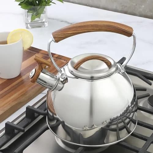Mr. Coffee Fremont 2-Quart Stainless Steel Whistling Tea Kettle with Wood Handle | Durable Stove-Top Water Boiling thumbnail 2