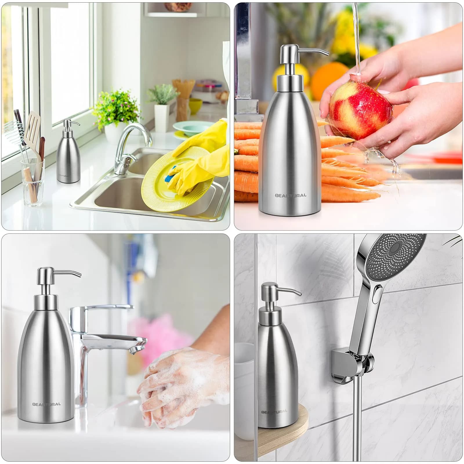 BEAUTURAL Silver Stainless Steel Soap Dispenser 447ml (15.2 Oz) | Rust-Proof Refillable Pump Bottle - view 6