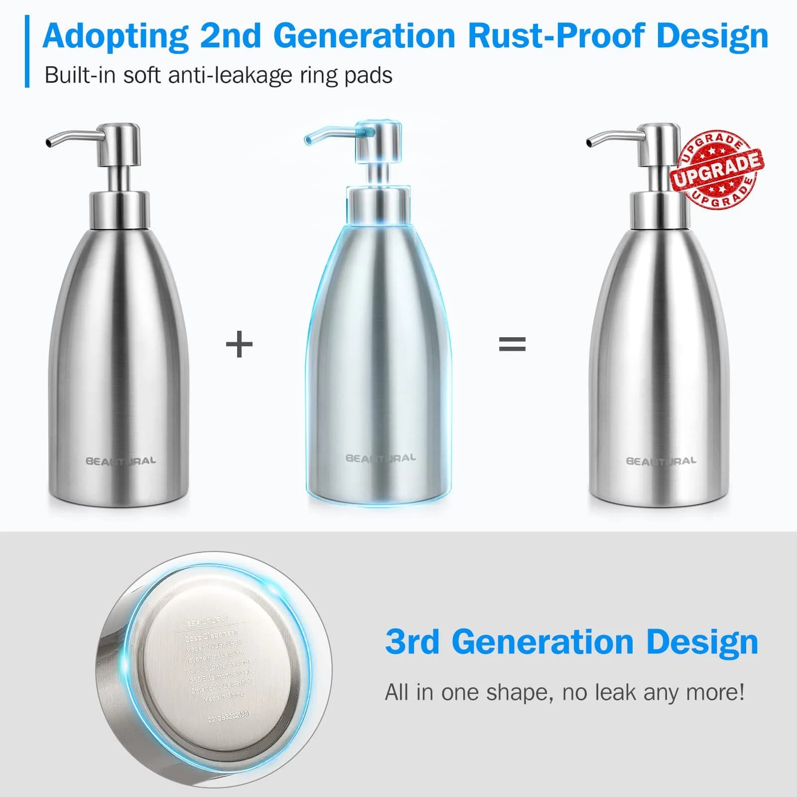 BEAUTURAL Silver Stainless Steel Soap Dispenser 447ml (15.2 Oz) | Rust-Proof Refillable Pump Bottle - view 2