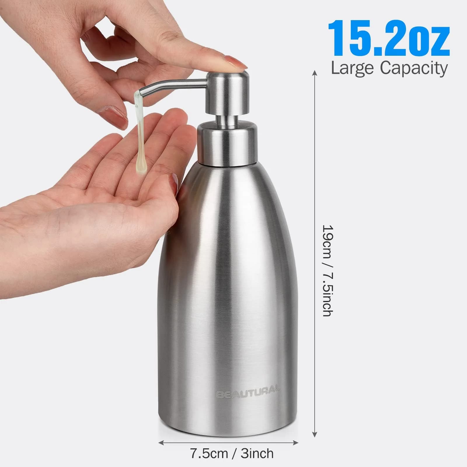 BEAUTURAL Silver Stainless Steel Soap Dispenser 447ml (15.2 Oz) | Rust-Proof Refillable Pump Bottle - view 4