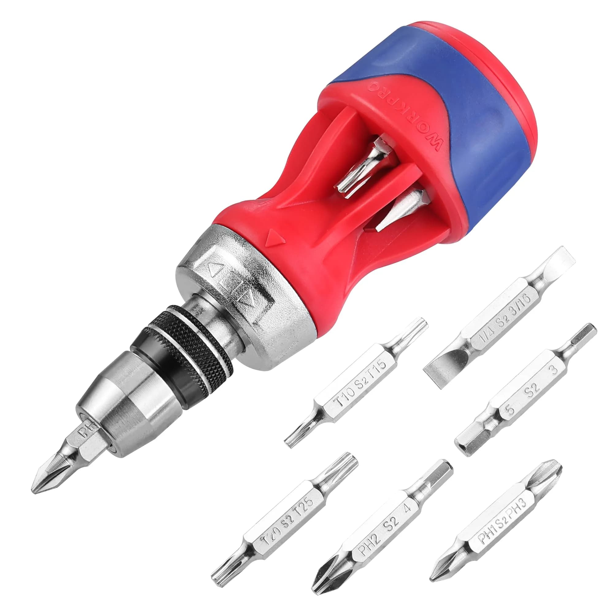 WORKPRO 12-in-1 Stubby Ratcheting Multi-bit Screwdriver | Compact, Magnetic, Premium S2 Steel, EDC — Stubby