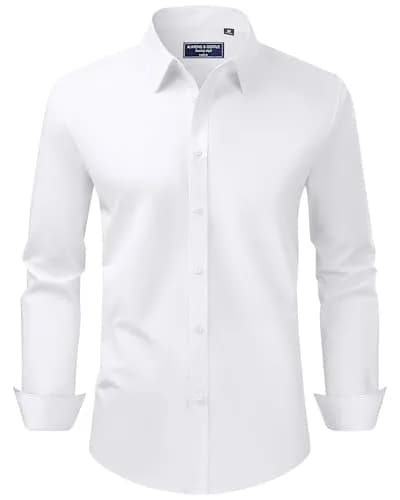 Alimens & Gentle Mens White Dress Shirt Regular Fit Stretch Stain Shield Long Sleeve Solid Business Wedding Button Down Shirts thumbnail 1
