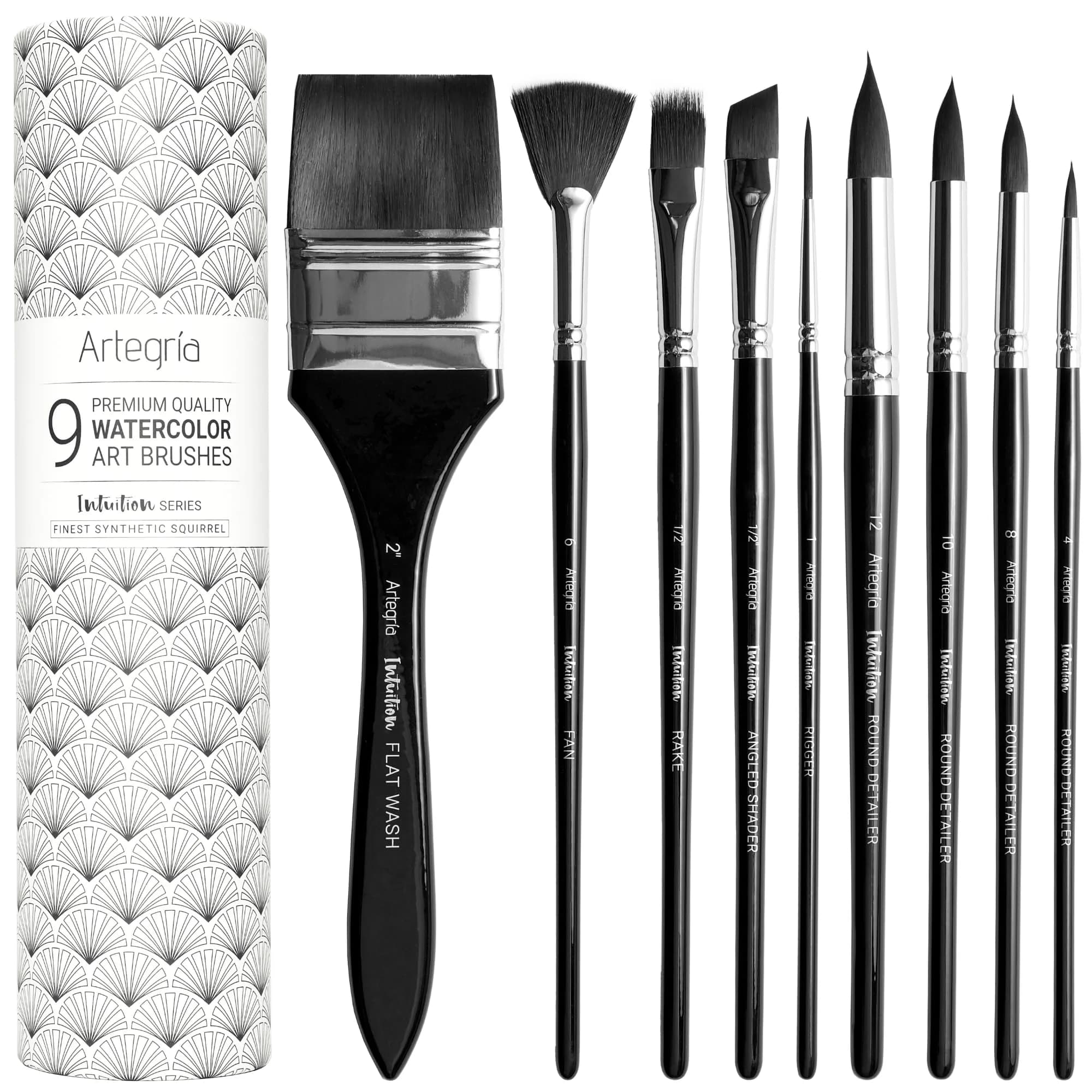 ARTEGRIA Watercolor Brush Set, 9 Synthetic Squirrel Brushes | Premium Water-Based Art Tools