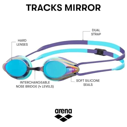 ARENA Tracks Unisex Adult Essential Racing Swim Goggles with FINA-Approved Anti-Fog Mirror Lens | Turquoise/Future Dusk/Water thumbnail 2