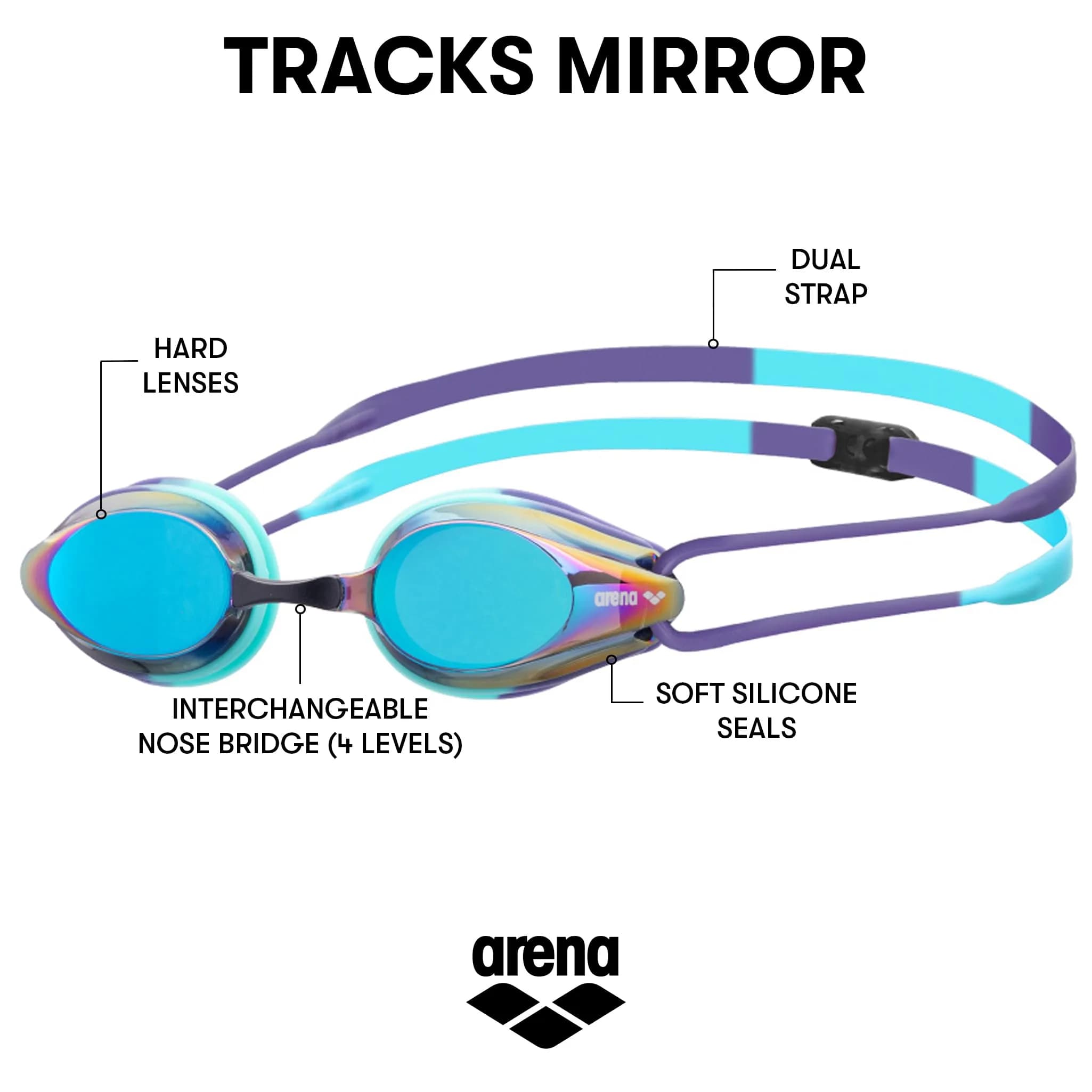 ARENA Tracks Unisex Adult Essential Racing Swim Goggles with FINA-Approved Anti-Fog Mirror Lens | Turquoise/Future Dusk/Water - view 2