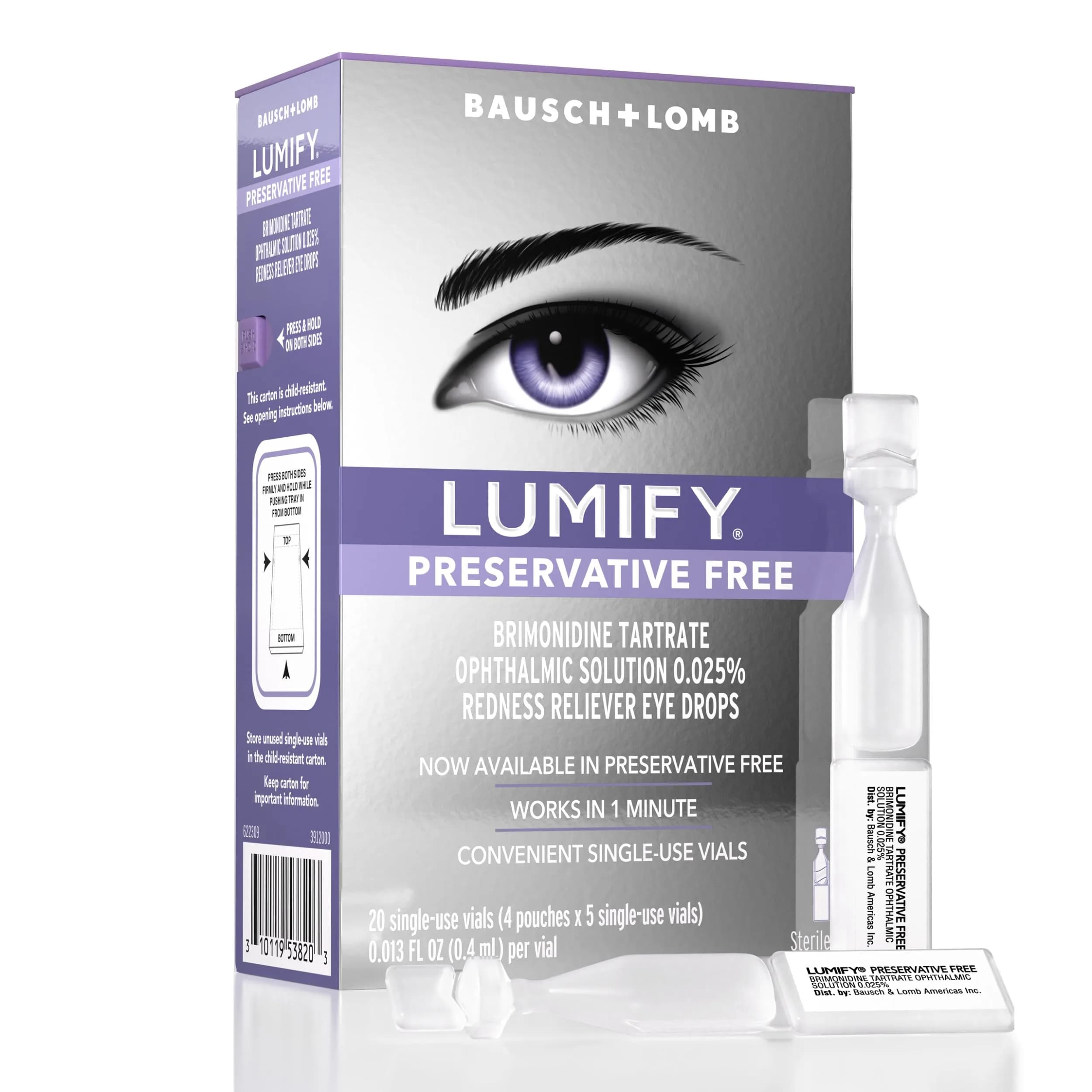 LUMIFY Preservative Free Eye Drops Redness Relief, Sensitive Eyes, 20 Single-Use Vials | Gentle & Effective Redness Relief - main product image