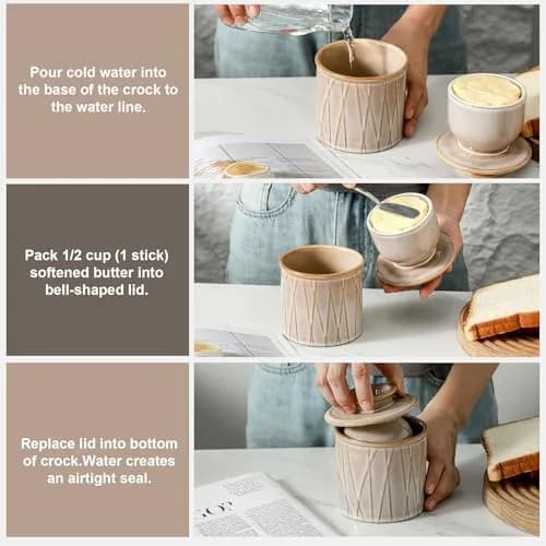 HVH Ceramic Butter Crock with Water Line | French Butter Dish for Countertop, 4x4 thumbnail 3