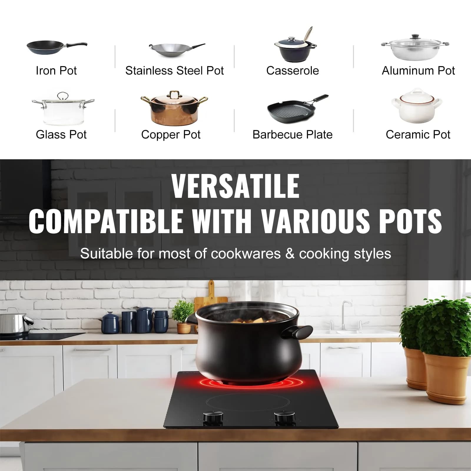 VEVOR 12-Inch Electric Ceramic Cooktop with 2 Burners and Knob Control - view 4