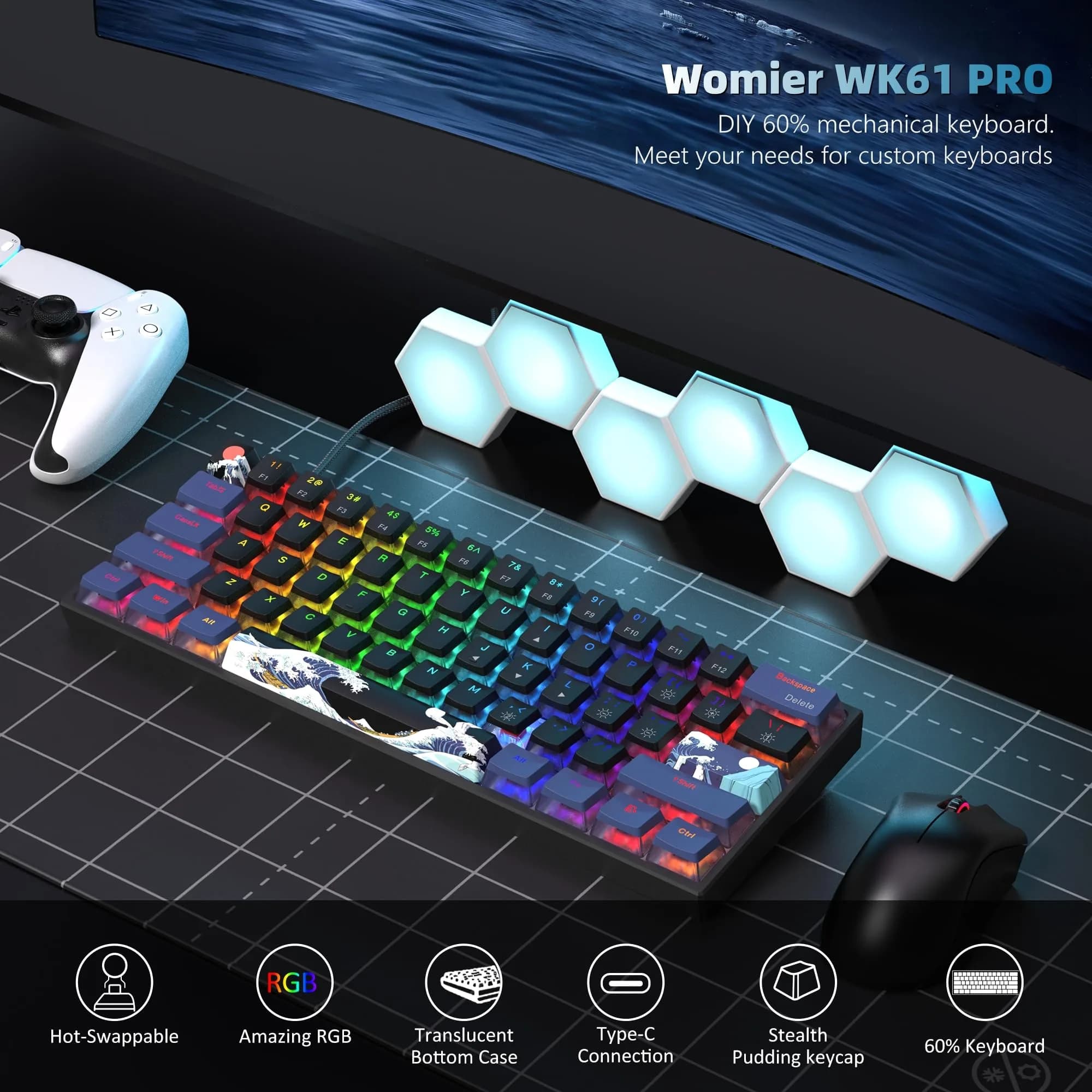 Womier WK61 PRO-Black 61 Keys Mechanical Gaming Keyboard with Linear Red Switch - view 2