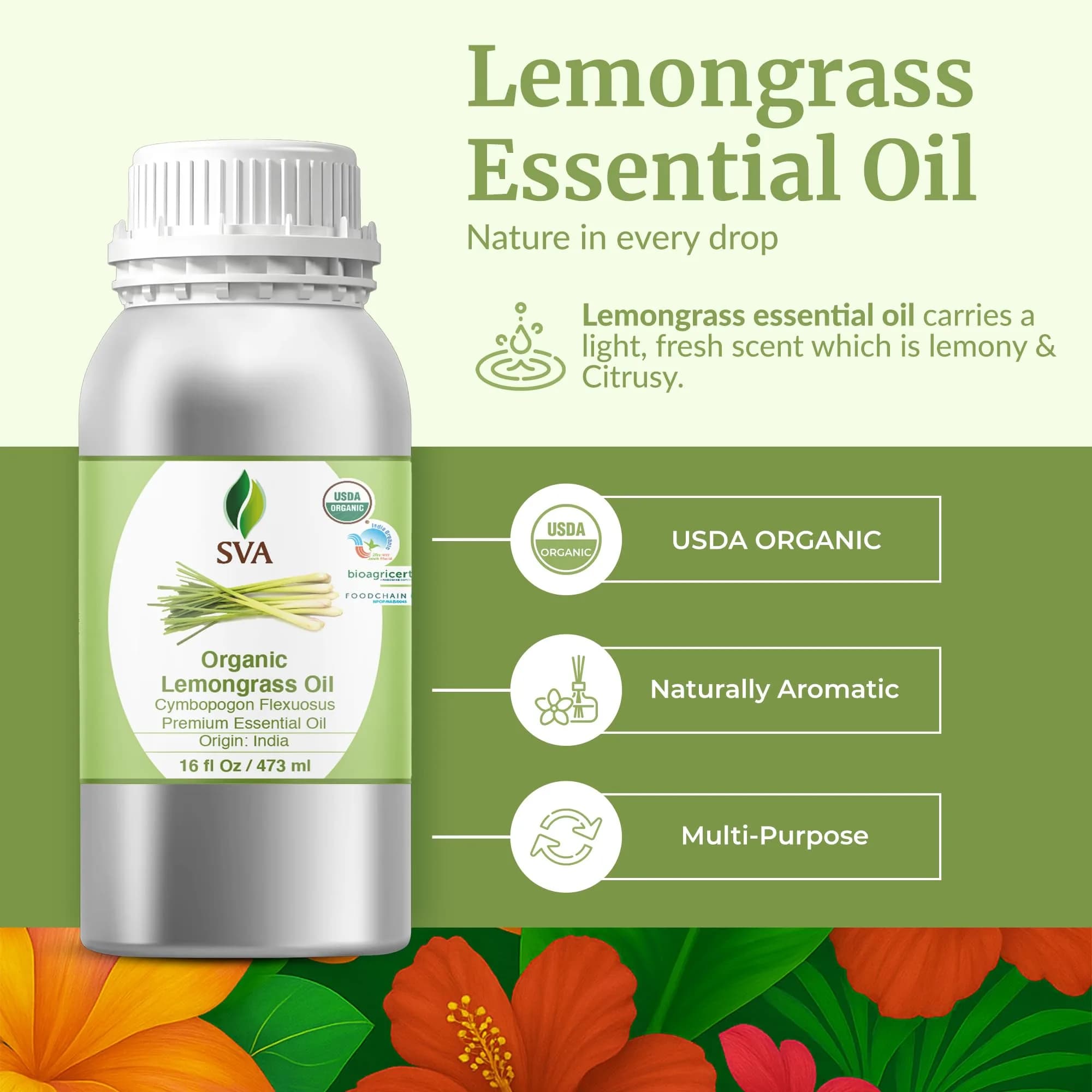 SVA ORGANICS Organic Lemongrass Essential Oil - 16 Fl Oz (Pack of 1) - Pure & Natural - view 2