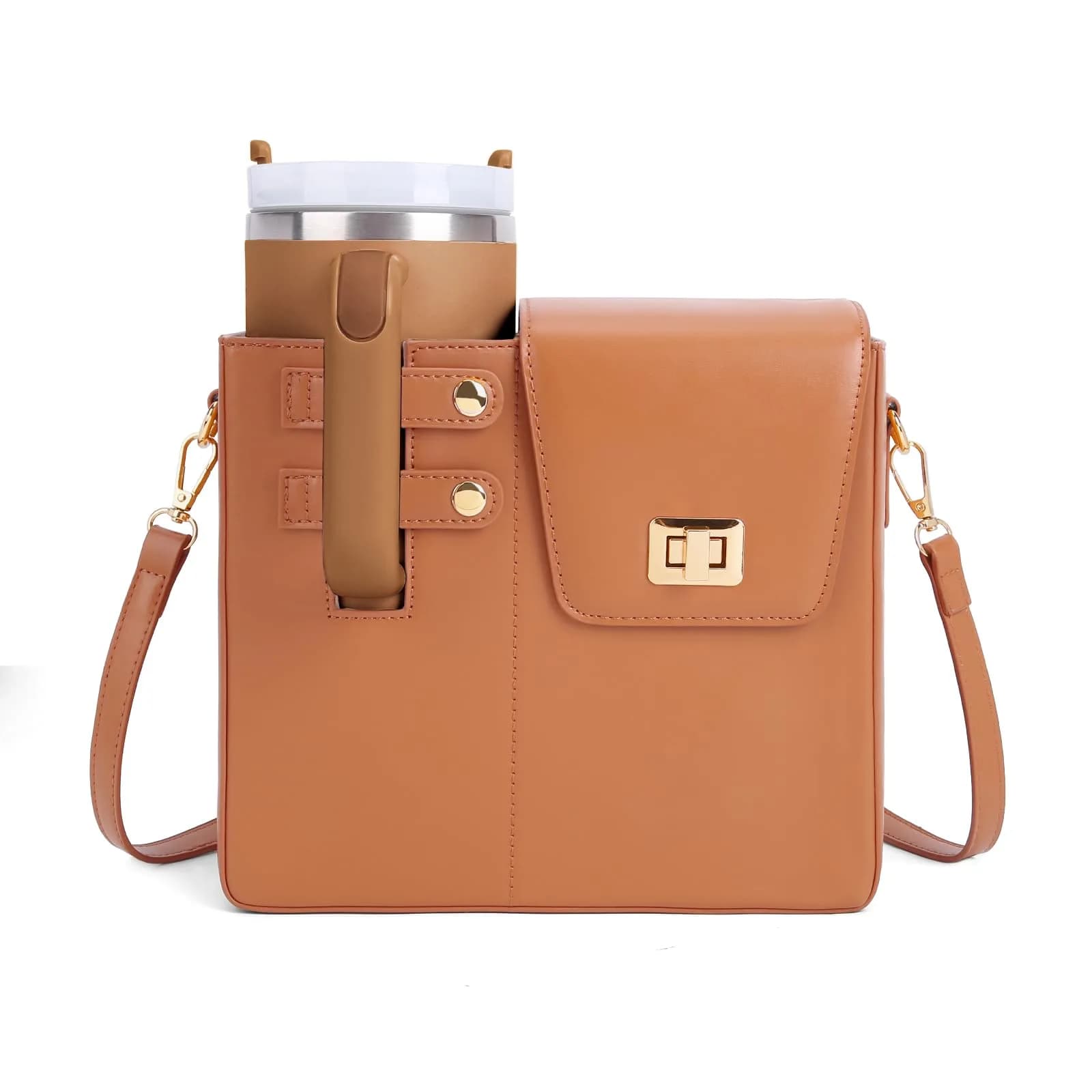 BBIQI Stanley Purse Cup Holder Bag with Strap | Waterproof Faux Leather, Fits 40oz Tumblers — Original-brown