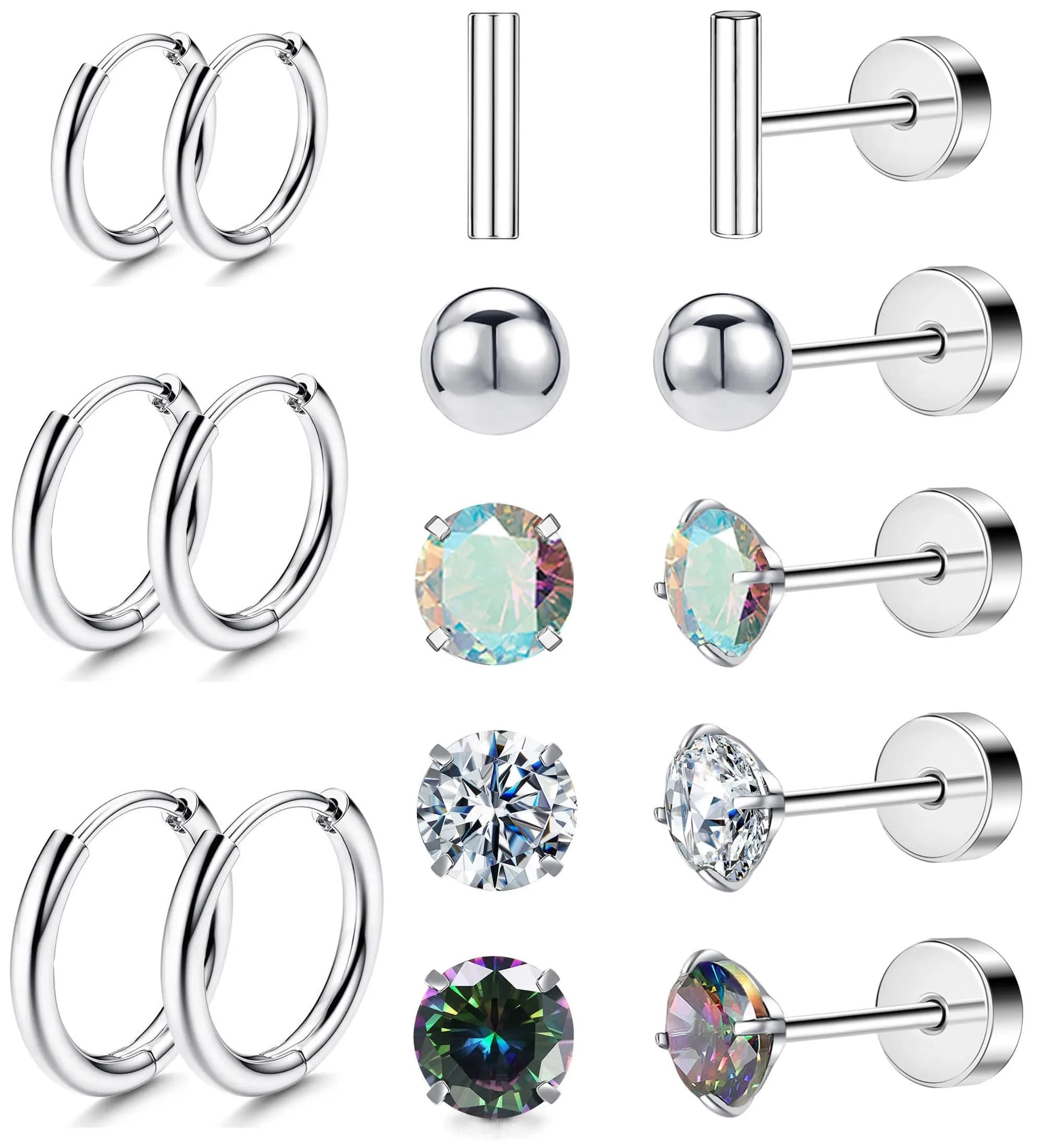 GOGOEY Titanium Hypoallergenic Earrings for Sensitive Ears | 16-Piece Set (C-Silver)