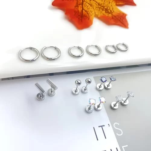 GOGOEY Titanium Hypoallergenic Earrings for Sensitive Ears | 16-Piece Set (C-Silver) thumbnail 7