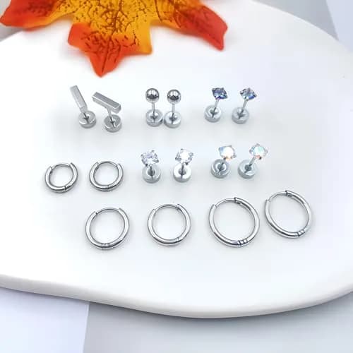 GOGOEY Titanium Hypoallergenic Earrings for Sensitive Ears | 16-Piece Set (C-Silver) thumbnail 8