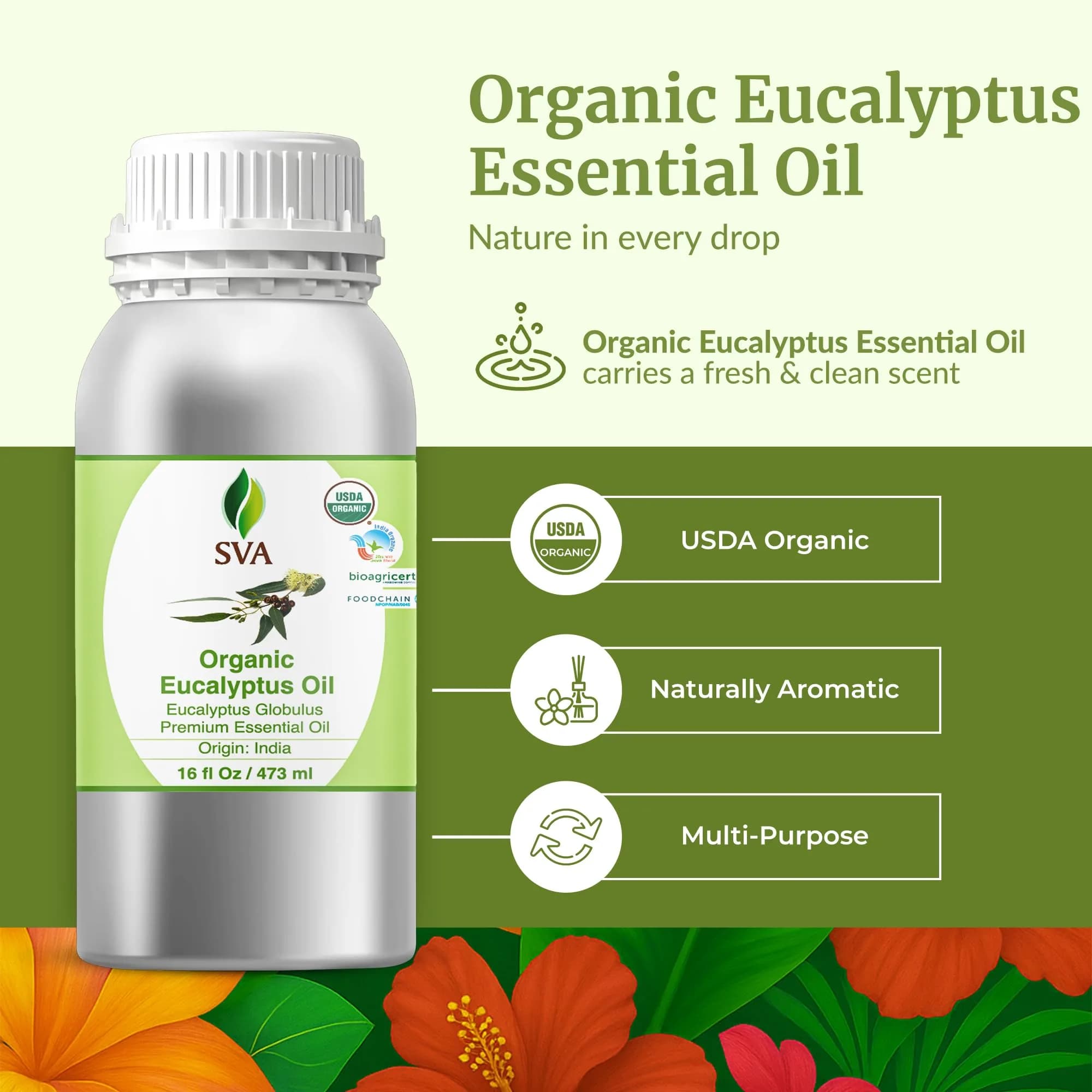 SVA Organics Eucalyptus Essential Oil, 16 Fl Oz (473 ml) - Pure & Natural, Steam Distilled - view 2