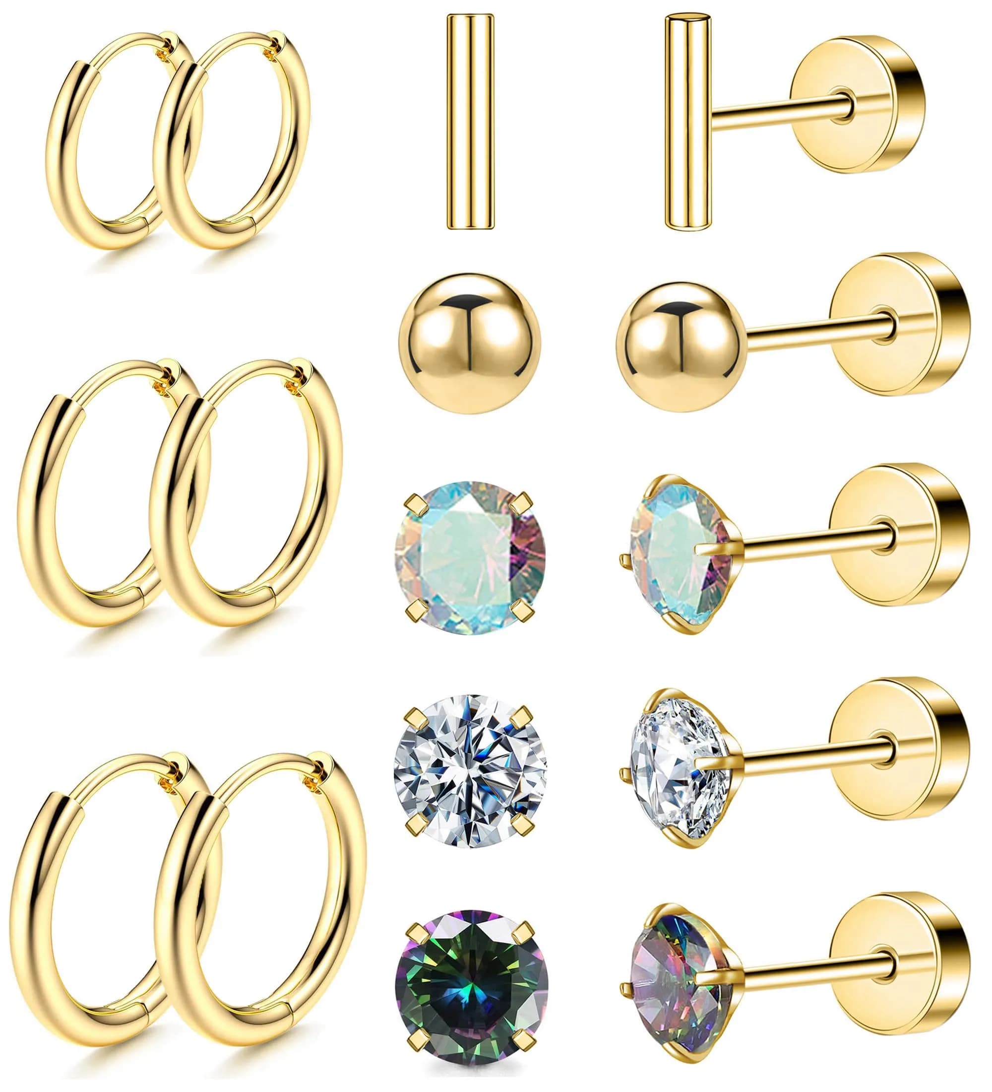 GOGOEY Hypoallergenic Titanium Earrings for Sensitive Ears, 8 Pairs (20G) | Flat Back Stud & Hoop Set — C-Gold