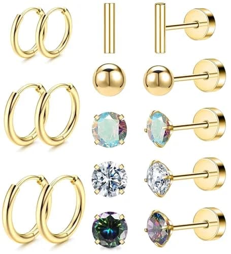 GOGOEY Hypoallergenic Titanium Earrings for Sensitive Ears, 8 Pairs (20G) | Flat Back Stud & Hoop Set thumbnail 1