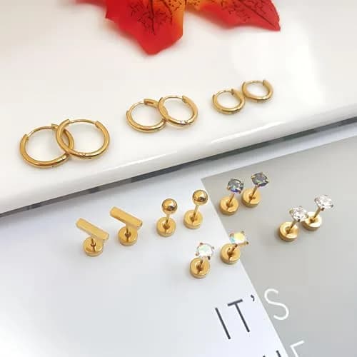 GOGOEY Hypoallergenic Titanium Earrings for Sensitive Ears, 8 Pairs (20G) | Flat Back Stud & Hoop Set thumbnail 7