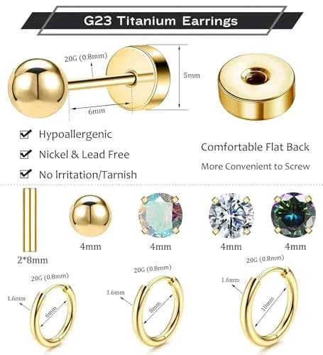 GOGOEY Hypoallergenic Titanium Earrings for Sensitive Ears, 8 Pairs (20G) | Flat Back Stud & Hoop Set thumbnail 2