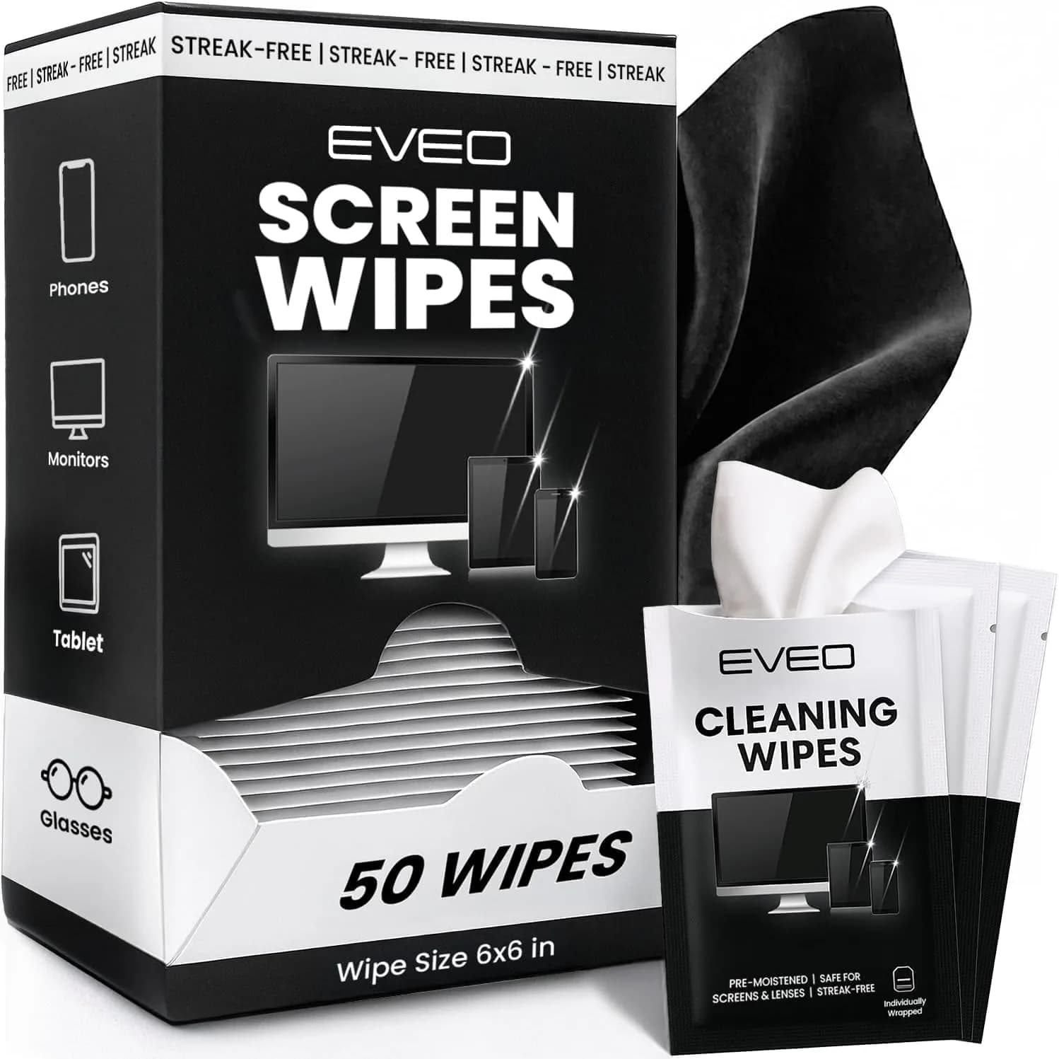 EVEO Screen Wipes - Electronic Wipes, Microfiber Screen Cleaner for Electronics | 80 Pack — White