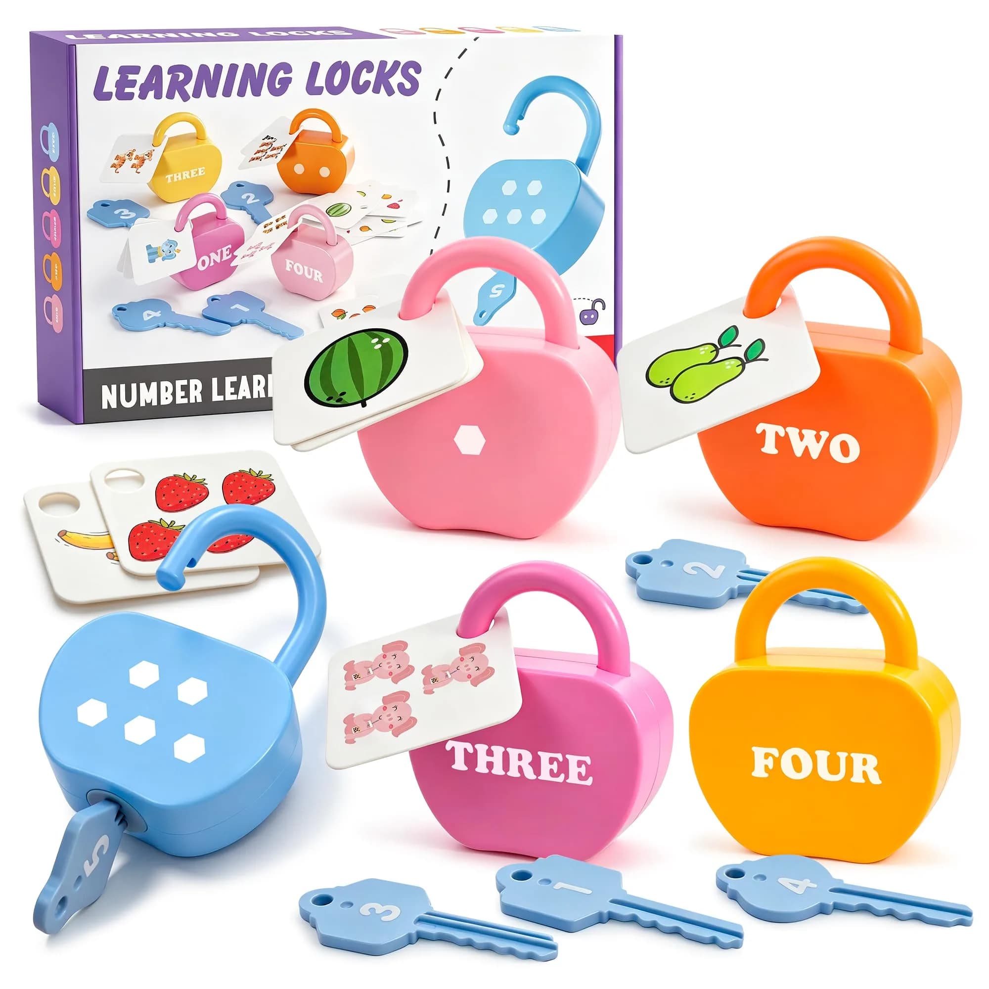 GEERAY Montessori Lock & Key Set for Toddlers 3+ | 5 Apple Locks, Keys & 10 Cards | Learn Numbers, Colors & Motor Skills STEM Toy - main product image