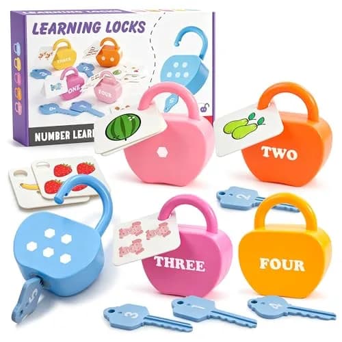 GEERAY Montessori Lock & Key Set for Toddlers 3+ | 5 Apple Locks, Keys & 10 Cards | Learn Numbers, Colors & Motor Skills STEM Toy thumbnail 1