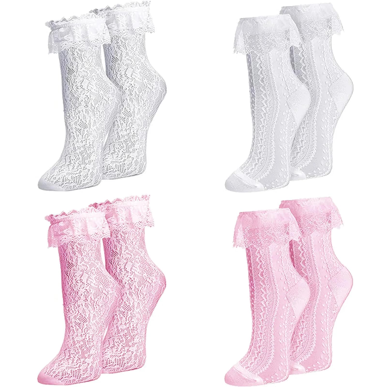 MKYSZLT Women White Lace Socks Pink Ruffle Frilly Dress Socks | Cute Mesh Lace Trim for Women 4 Pairs
