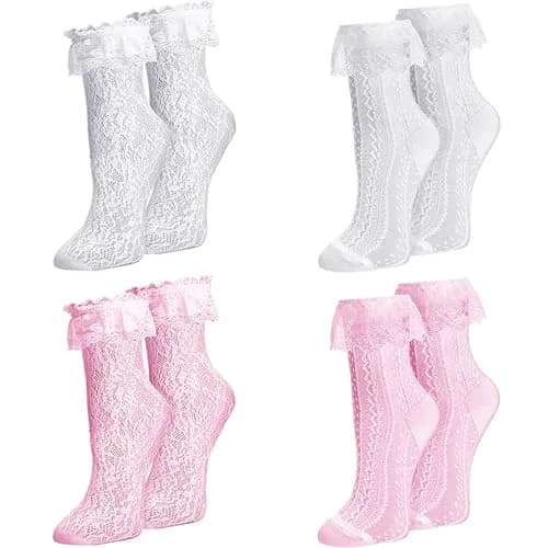 MKYSZLT Women White Lace Socks Pink Ruffle Frilly Dress Socks | Cute Mesh Lace Trim for Women 4 Pairs thumbnail 1