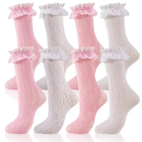 MKYSZLT Women White Lace Socks Pink Ruffle Frilly Dress Socks | Cute Mesh Lace Trim for Women 4 Pairs thumbnail 4